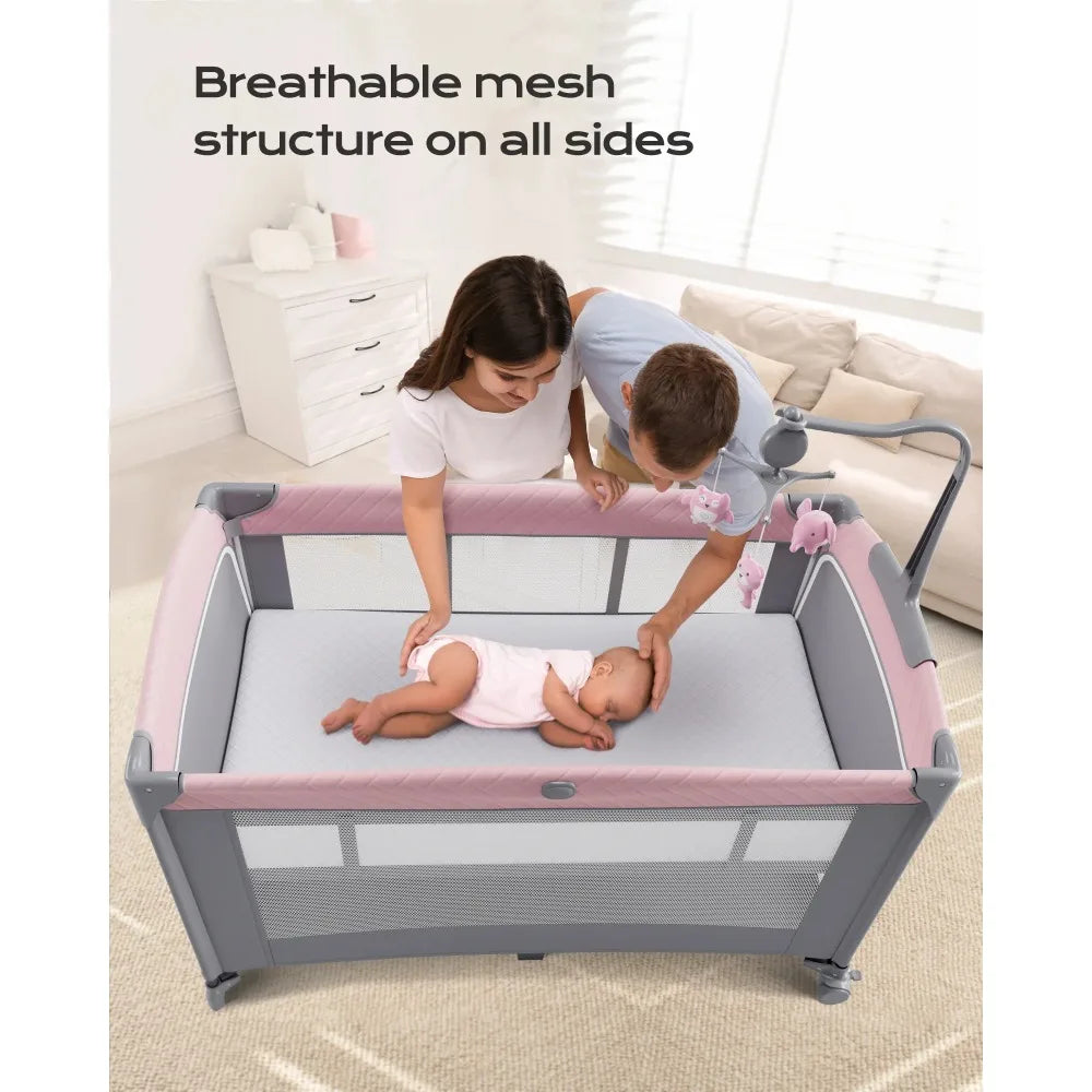5 in 1 Baby Bassinet Bedside Crib, Easy Folding Portable Playards, Pack and Play with Mattress, Diaper Changer