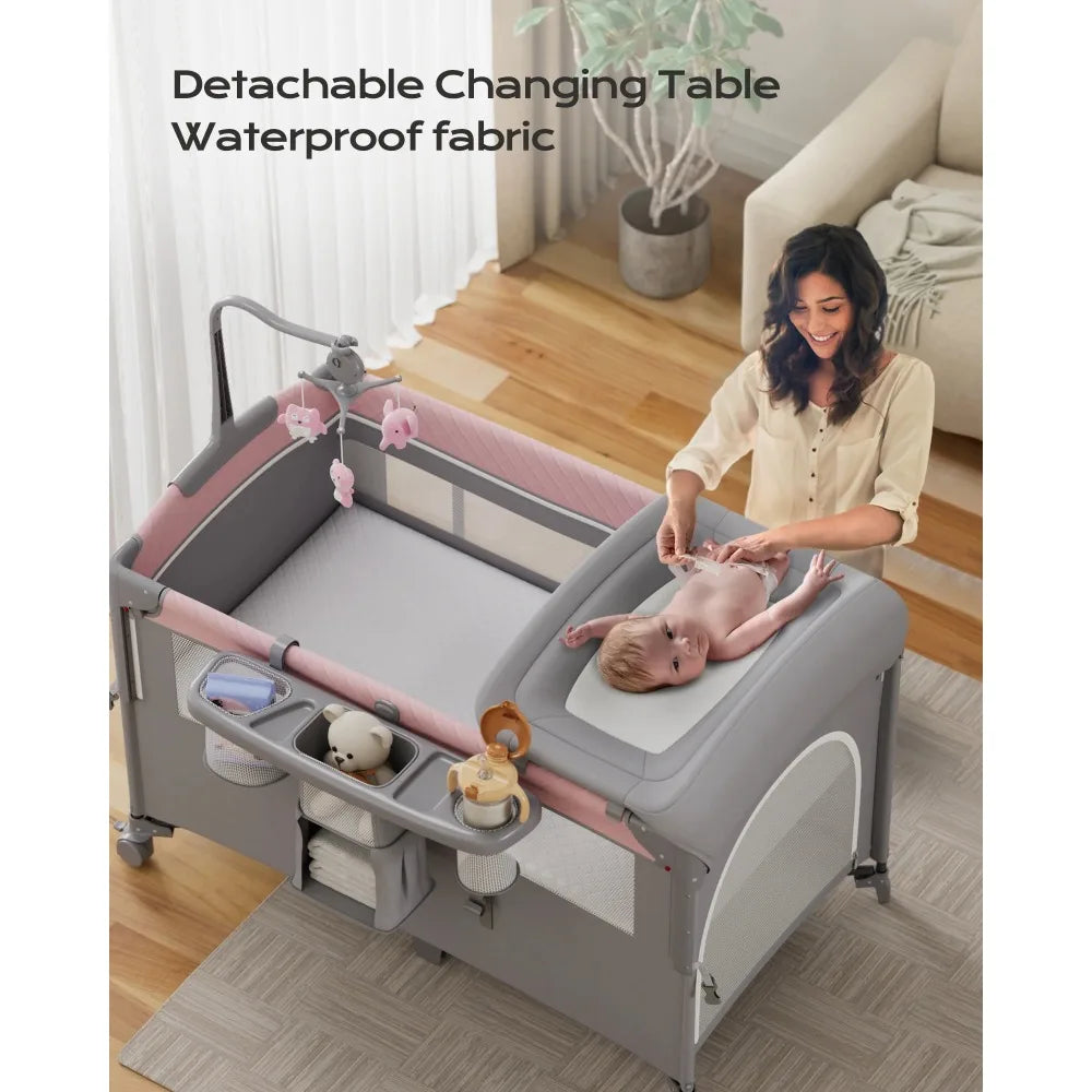 5 in 1 Baby Bassinet Bedside Crib, Easy Folding Portable Playards, Pack and Play with Mattress, Diaper Changer