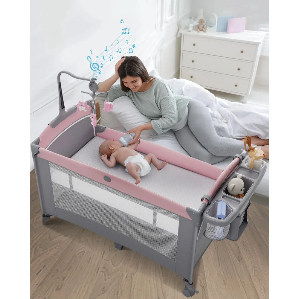 5 in 1 Baby Bassinet Bedside Crib, Easy Folding Portable Playards, Pack and Play with Mattress, Diaper Changer