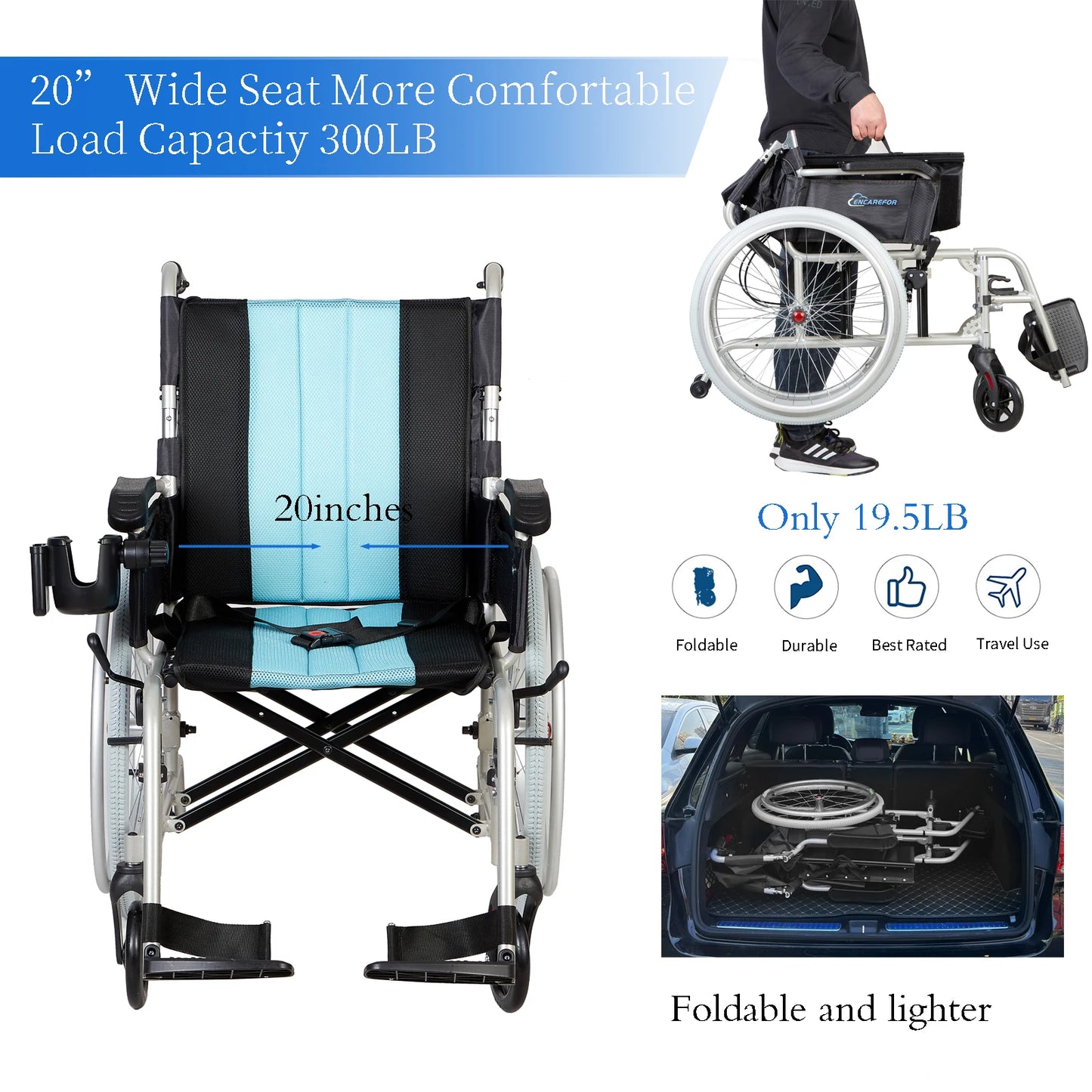 5.8KG Magnesium Ultra Lightweight Wheelchair, 20" Wide Seat Wheelchair for Adults, Foldable Portable Self-propelled Wheelchair