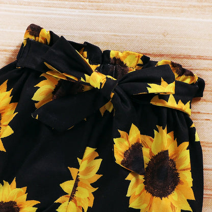 Lioraitiin 0-24M Newborn Infant Baby Girl Clothing Set Short Sleeve Yellow Solid Romper Top Sumflower Printed Shorts 3Pcs Outfit