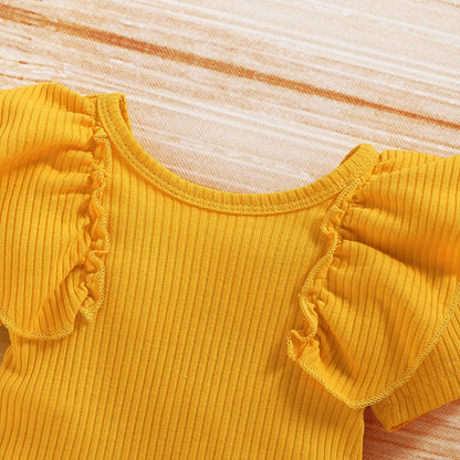 Lioraitiin 0-24M Newborn Infant Baby Girl Clothing Set Short Sleeve Yellow Solid Romper Top Sumflower Printed Shorts 3Pcs Outfit