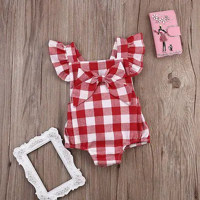 Citgeett Summer Newborn Infant Kids Baby Girl Red Plaid Romper Jumpsuit Red With Headband Outfit Clothes 0-18M SS