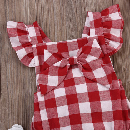 Citgeett Summer Newborn Infant Kids Baby Girl Red Plaid Romper Jumpsuit Red With Headband Outfit Clothes 0-18M SS