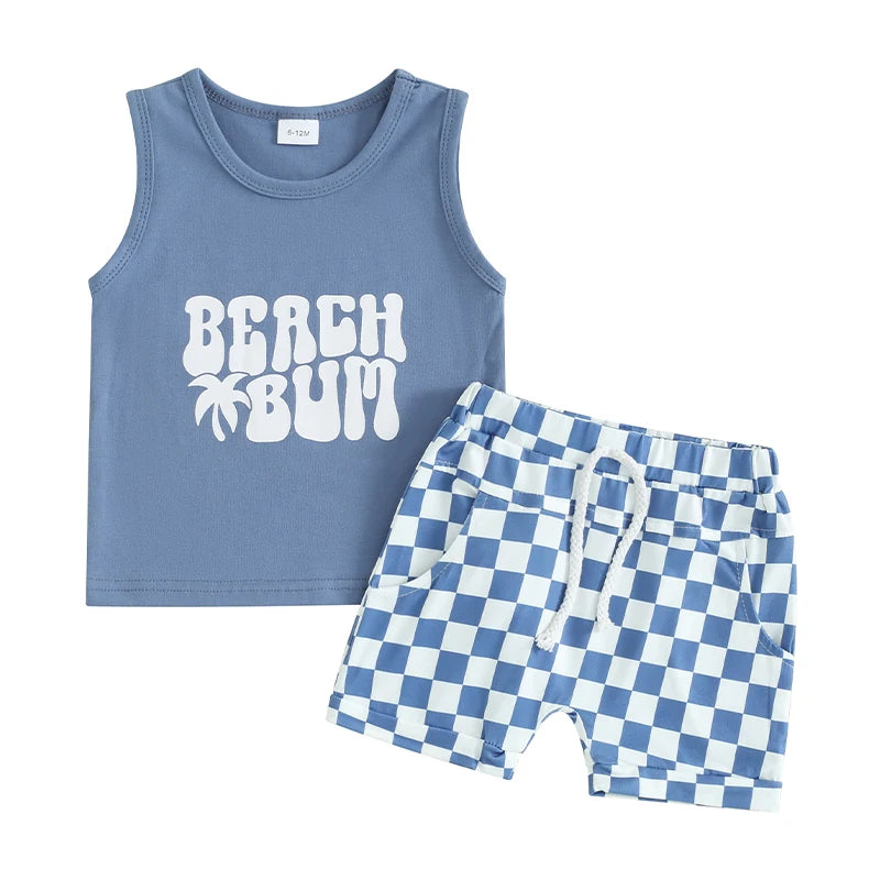 Lioraitiin Toddler Boys Summer Outfits Letter Car Print Sleeveless Tank Tops and Checkerboard Elastic Waist Shorts Clothes Set