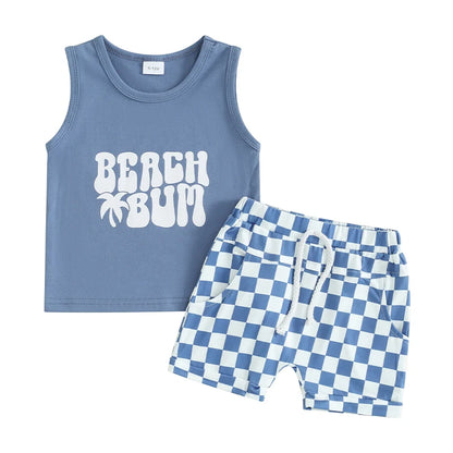 Lioraitiin Toddler Boys Summer Outfits Letter Car Print Sleeveless Tank Tops and Checkerboard Elastic Waist Shorts Clothes Set