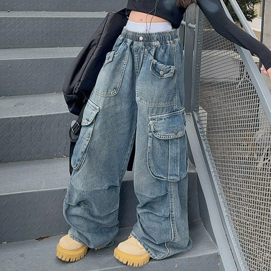 Girls Big Pocket Jeans Fashion Casual Workwear Wide Leg Pants Spring Summer Children Daily Comfy Oversized Trousers Kids Bottom