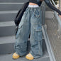Girls Big Pocket Jeans Fashion Casual Workwear Wide Leg Pants Spring Summer Children Daily Comfy Oversized Trousers Kids Bottom