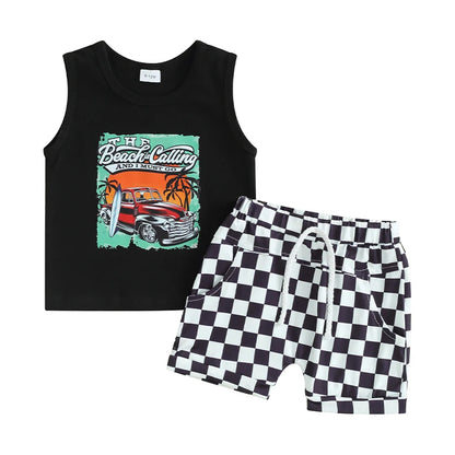 Lioraitiin Toddler Boys Summer Outfits Letter Car Print Sleeveless Tank Tops and Checkerboard Elastic Waist Shorts Clothes Set
