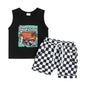 Lioraitiin Toddler Boys Summer Outfits Letter Car Print Sleeveless Tank Tops and Checkerboard Elastic Waist Shorts Clothes Set