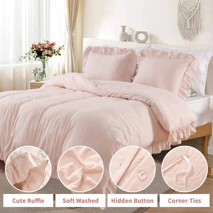 104"x90" Lotus Leaf Edge Bedding Duvet Cover Set Large Double Bed Bedroom Soft Washed Polyester 1 Duvet Cover + 2 Pillowcases