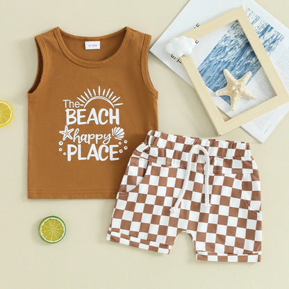 Lioraitiin Toddler Boys Summer Outfits Letter Car Print Sleeveless Tank Tops and Checkerboard Elastic Waist Shorts Clothes Set