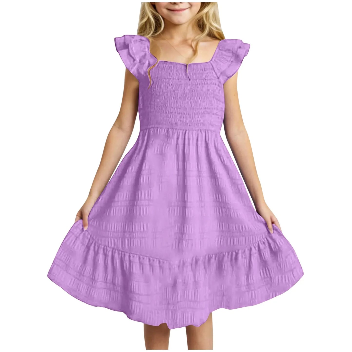 Girls Casual Dresses Double Pleated Sleeve Square Neck Off Shoulder Dress With Pockets Ruffle Hem Tween Plain Dress