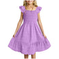 Girls Casual Dresses Double Pleated Sleeve Square Neck Off Shoulder Dress With Pockets Ruffle Hem Tween Plain Dress
