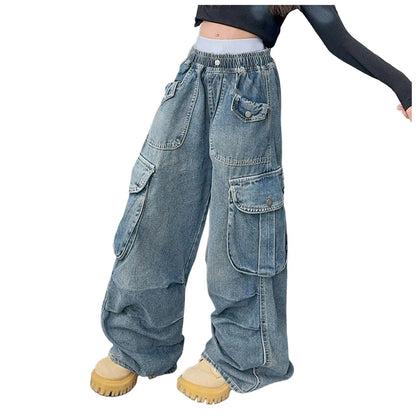 Girls Big Pocket Jeans Fashion Casual Workwear Wide Leg Pants Spring Summer Children Daily Comfy Oversized Trousers Kids Bottom