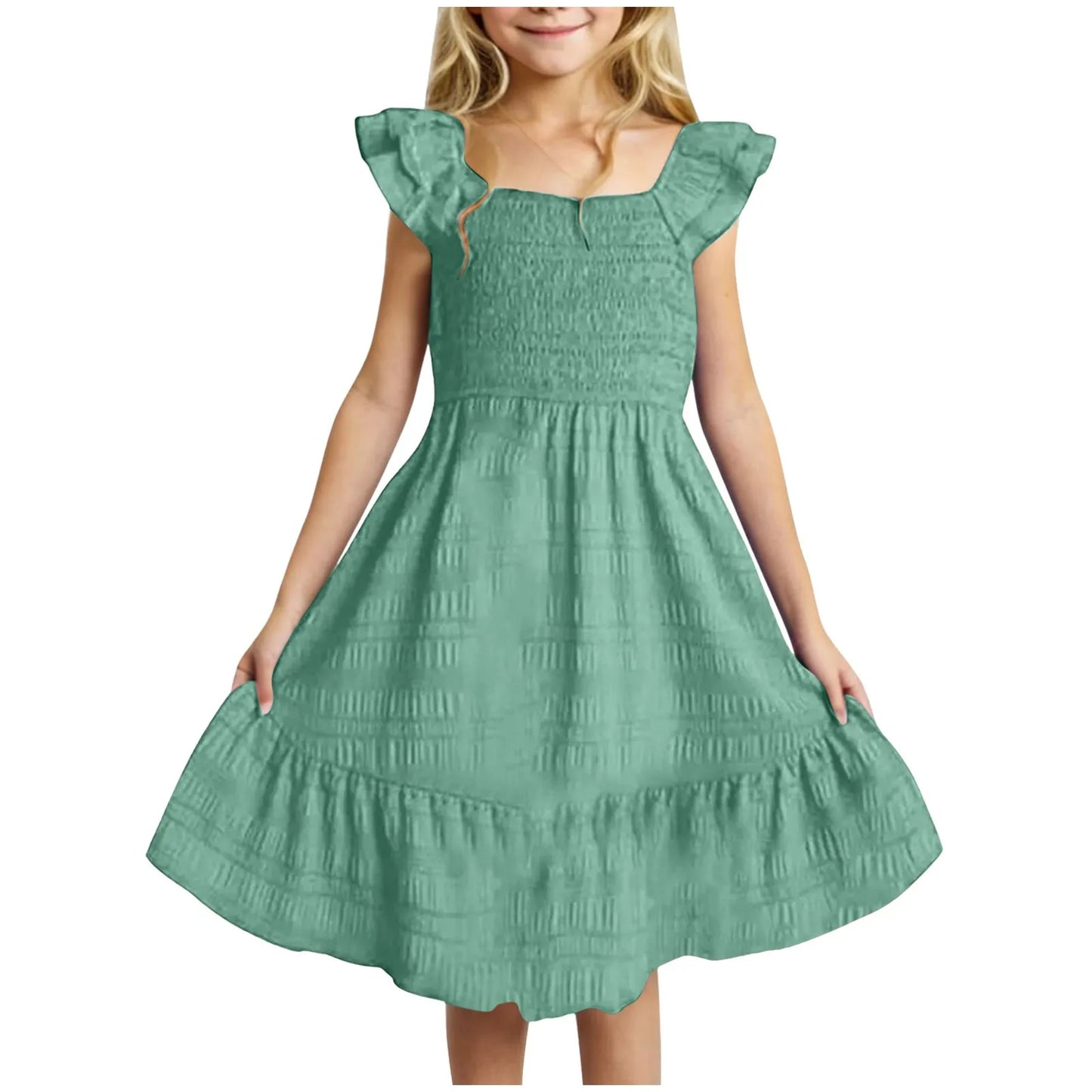 Girls Casual Dresses Double Pleated Sleeve Square Neck Off Shoulder Dress With Pockets Ruffle Hem Tween Plain Dress