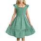 Girls Casual Dresses Double Pleated Sleeve Square Neck Off Shoulder Dress With Pockets Ruffle Hem Tween Plain Dress