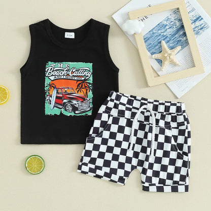 Lioraitiin Toddler Boys Summer Outfits Letter Car Print Sleeveless Tank Tops and Checkerboard Elastic Waist Shorts Clothes Set