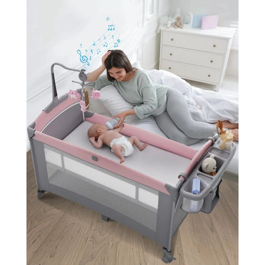 5 in 1 Baby Bassinet Bedside Crib, Easy Folding Portable Playards, Pack and Play with Mattress, Diaper Changer