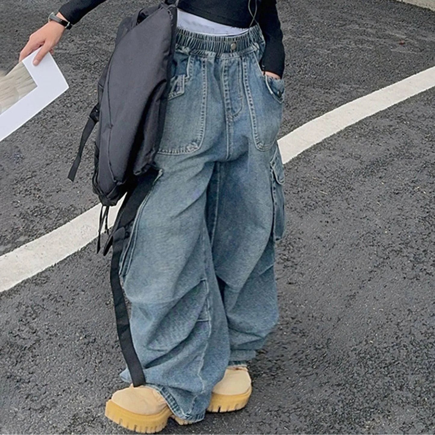 Girls Big Pocket Jeans Fashion Casual Workwear Wide Leg Pants Spring Summer Children Daily Comfy Oversized Trousers Kids Bottom