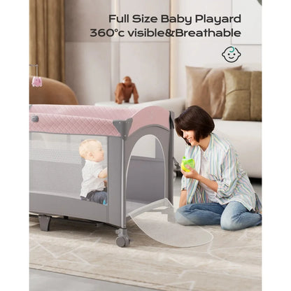 5 in 1 Baby Bassinet Bedside Crib, Easy Folding Portable Playards, Pack and Play with Mattress, Diaper Changer