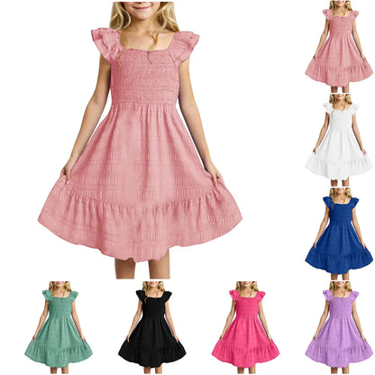 Girls Casual Dresses Double Pleated Sleeve Square Neck Off Shoulder Dress With Pockets Ruffle Hem Tween Plain Dress