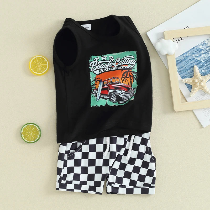 Lioraitiin Toddler Boys Summer Outfits Letter Car Print Sleeveless Tank Tops and Checkerboard Elastic Waist Shorts Clothes Set