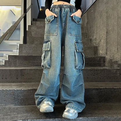 Girls Oversized Jeans Middle And Large Children Fashionable Overalls Vintage Denim With Big Pockets Spring Autumn Girl Trousers