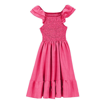 Girls Casual Dresses Double Pleated Sleeve Square Neck Off Shoulder Dress With Pockets Ruffle Hem Tween Plain Dress