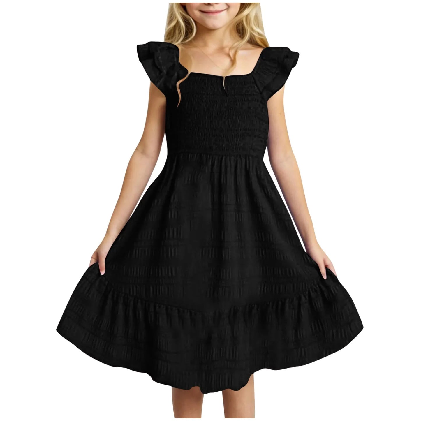 Girls Casual Dresses Double Pleated Sleeve Square Neck Off Shoulder Dress With Pockets Ruffle Hem Tween Plain Dress