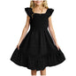 Girls Casual Dresses Double Pleated Sleeve Square Neck Off Shoulder Dress With Pockets Ruffle Hem Tween Plain Dress