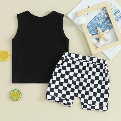 Lioraitiin Toddler Boys Summer Outfits Letter Car Print Sleeveless Tank Tops and Checkerboard Elastic Waist Shorts Clothes Set
