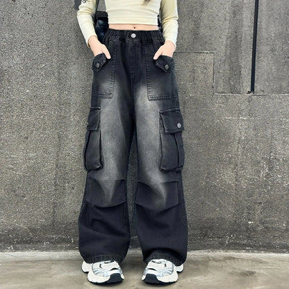 Girls Oversized Jeans Middle And Large Children Fashionable Overalls Vintage Denim With Big Pockets Spring Autumn Girl Trousers