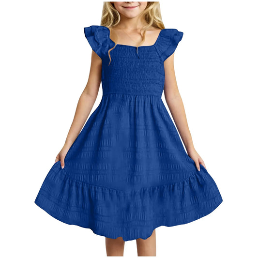 Girls Casual Dresses Double Pleated Sleeve Square Neck Off Shoulder Dress With Pockets Ruffle Hem Tween Plain Dress