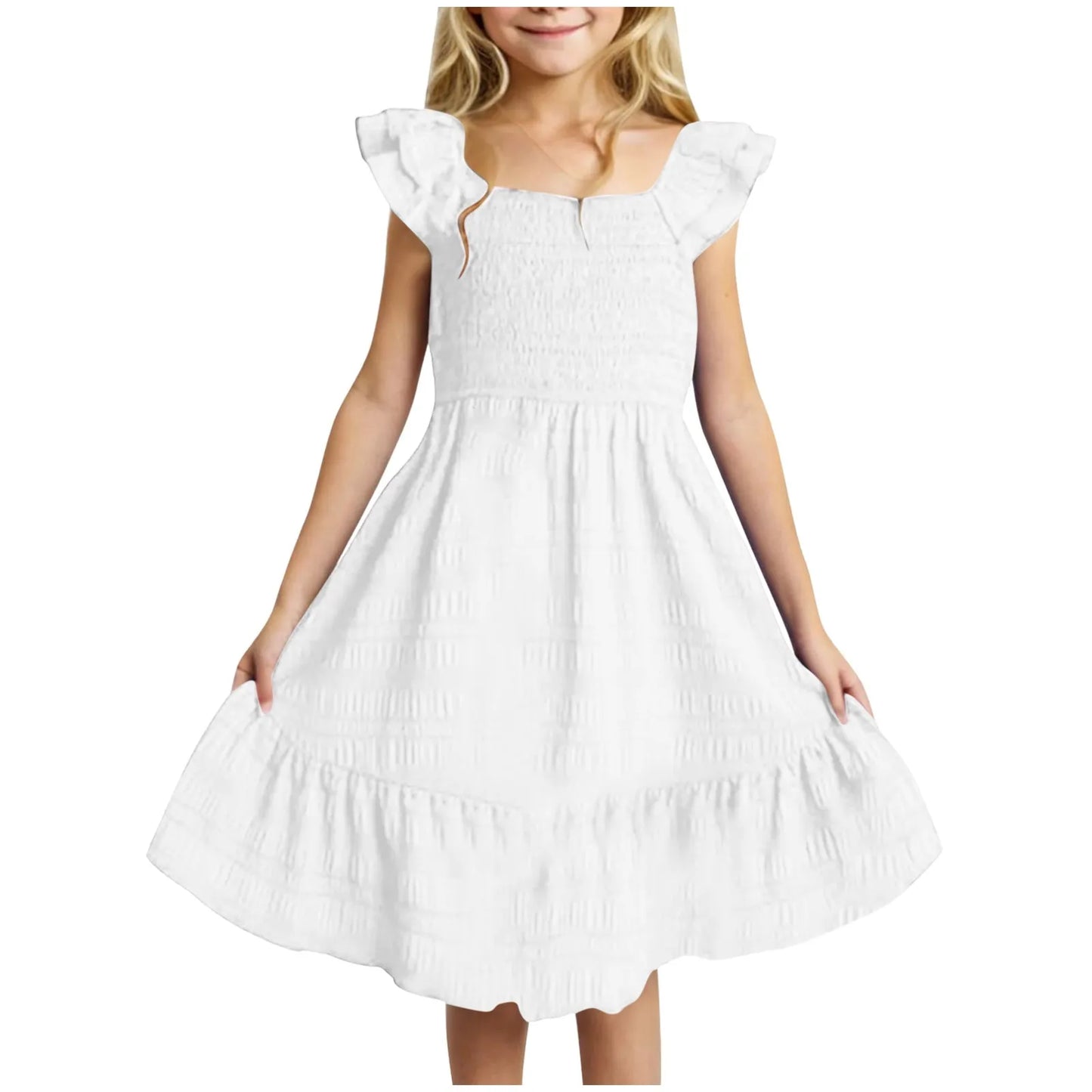 Girls Casual Dresses Double Pleated Sleeve Square Neck Off Shoulder Dress With Pockets Ruffle Hem Tween Plain Dress