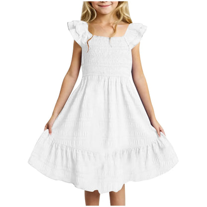 Girls Casual Dresses Double Pleated Sleeve Square Neck Off Shoulder Dress With Pockets Ruffle Hem Tween Plain Dress