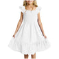 Girls Casual Dresses Double Pleated Sleeve Square Neck Off Shoulder Dress With Pockets Ruffle Hem Tween Plain Dress