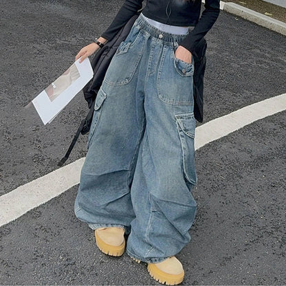 Girls Big Pocket Jeans Fashion Casual Workwear Wide Leg Pants Spring Summer Children Daily Comfy Oversized Trousers Kids Bottom