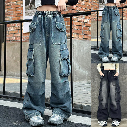 Girls Oversized Jeans Middle And Large Children Fashionable Overalls Vintage Denim With Big Pockets Spring Autumn Girl Trousers