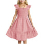Girls Casual Dresses Double Pleated Sleeve Square Neck Off Shoulder Dress With Pockets Ruffle Hem Tween Plain Dress