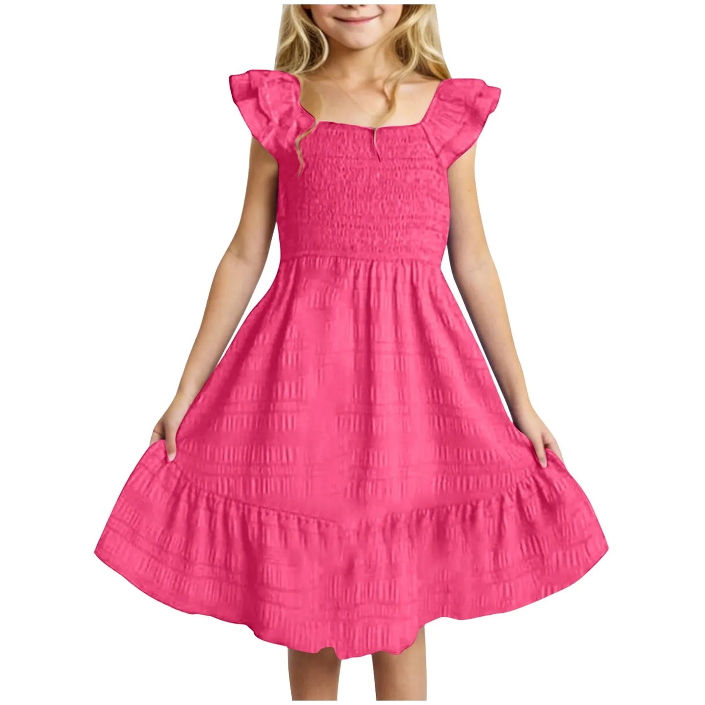 Girls Casual Dresses Double Pleated Sleeve Square Neck Off Shoulder Dress With Pockets Ruffle Hem Tween Plain Dress